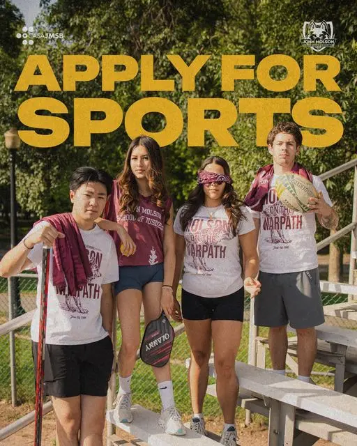 Four JMCC delegates on bleachers in “Molson on the Warpath” tees, holding a hockey stick, a pickleball paddle and a football. Apply for Sports.