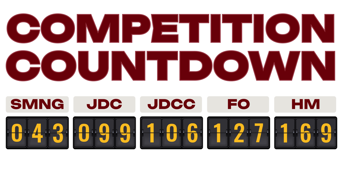 Competition countdown, in days: SMNG 43, JDC 99, JDCC 106, FO 127, HM 169.