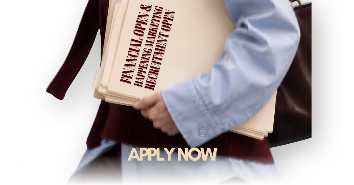 A student in a maroon sweater vest carries a stack of folders reading Financial Open & Happening Marketing Recruitment Open. Apply now.