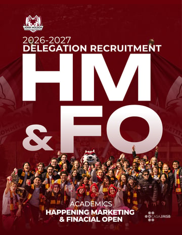 2026-2027 delegation recruitment poster: HM & FO, Academics, Happening Marketing & Financial Open, over a photo of the JMCC delegation.
