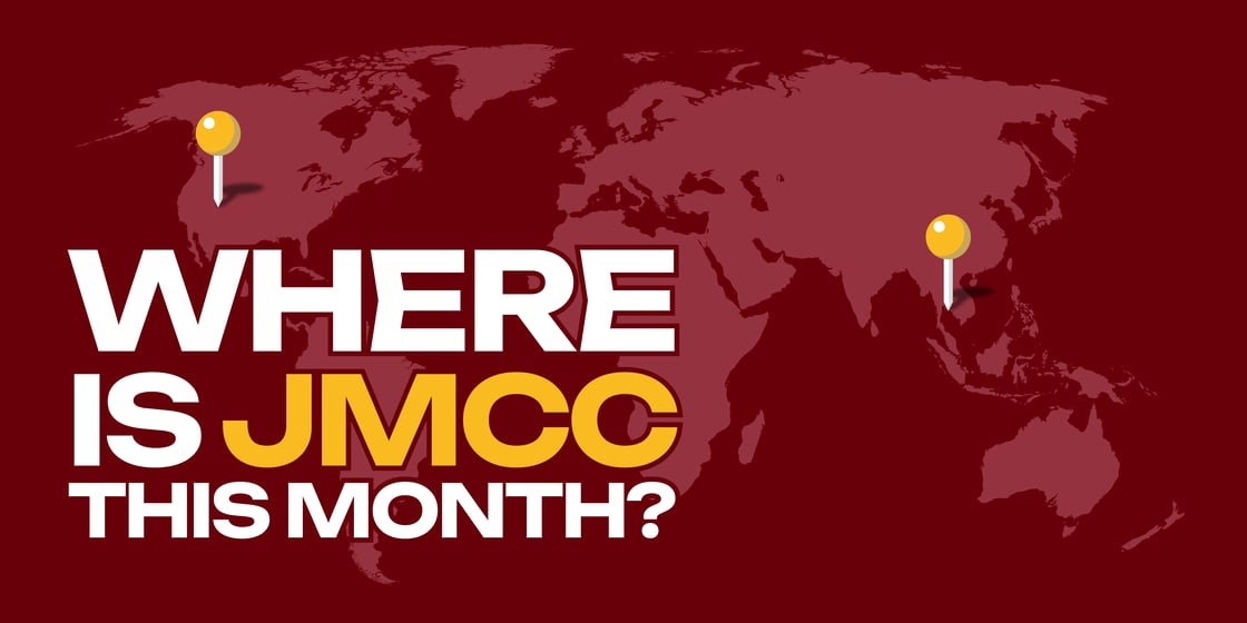 World map with pins on Tucson, Arizona and Bangkok, Thailand. Where is JMCC this month?